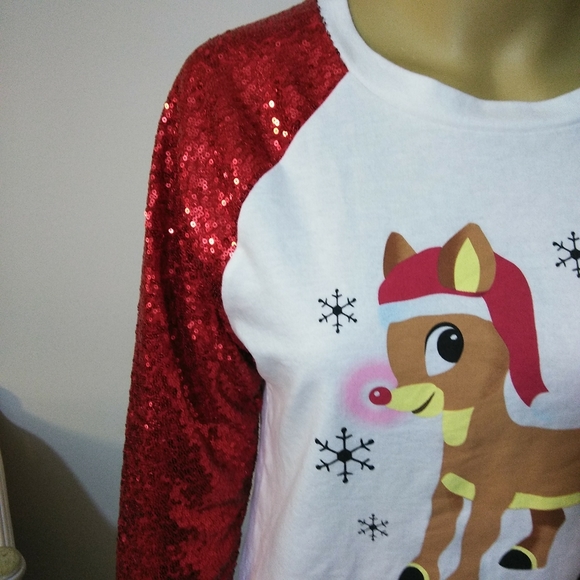 Rudolph Christmas Sequined Top Sz M - Picture 3 of 5